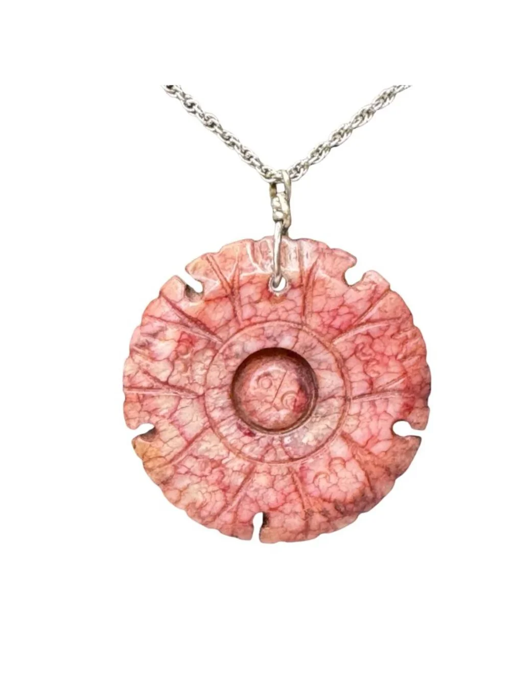 Vtg Rhodochrosite Sterling Silver Chain Necklace Stone Pendant Carved Amulet 18" - Picture 2 of 14